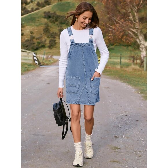 Women's Denim Overalls Light Blue Size M Pockets Adjustable Straps Casual - Picture 5 of 8